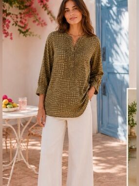 Animal Print Olive Cotton Pintuck Tunic 1X